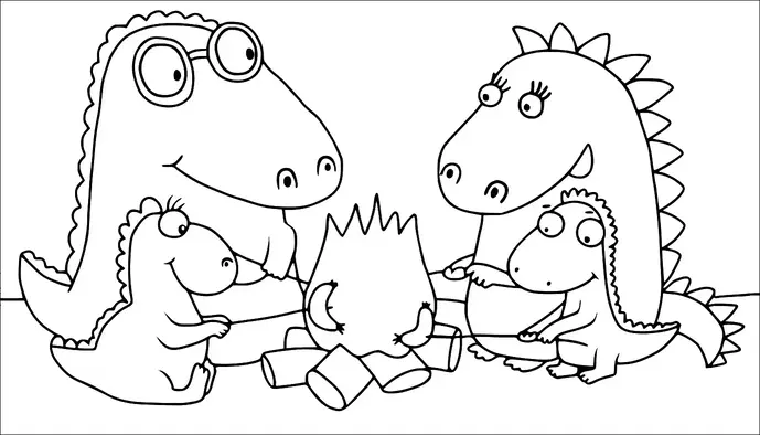 A family of cartoon dinosaurs sits around a campfire, roasting sausages on sticks. Two adult dinosaurs watch over two smaller ones, all appearing content and focused on the fire. The dinosaurs have distinctive features such as glasses and eyelashes. Logs are stacked neatly under the fire, adding to the cozy camping scene.