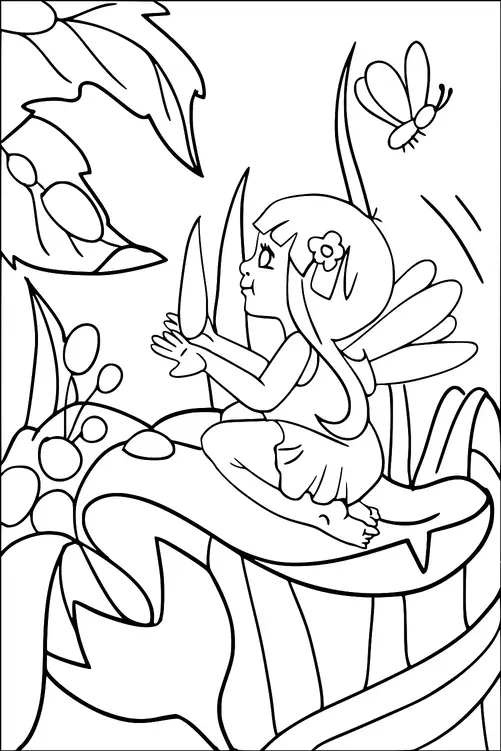 A small fairy with wings is sitting on a mushroom, reaching out to a butterfly. She has flowers in her hair and is surrounded by large leaves and plants. The scene conveys a whimsical interaction between the fairy and the butterfly. The setting is a magical forest environment.