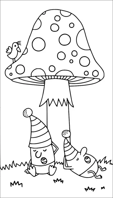 A large, polka-dotted mushroom serves as a resting spot for two small creatures wearing striped hats, who appear to be relaxing. A bird perches on top of the mushroom, adding a sense of whimsy to the scene. The surrounding grass provides an outdoor, natural setting. The creatures look content and at ease in their peaceful environment.