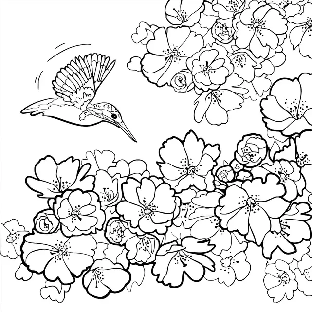 A hummingbird is flying among a dense cluster of blossoming flowers, creating a sense of movement and liveliness. The flowers are abundant, featuring various shapes and clusters, contributing to a lush scene. The bird's wings are raised, showcasing its feathers as it glides through the bloom-filled area. This harmonious interaction between bird and flora evokes a natural and serene atmosphere.