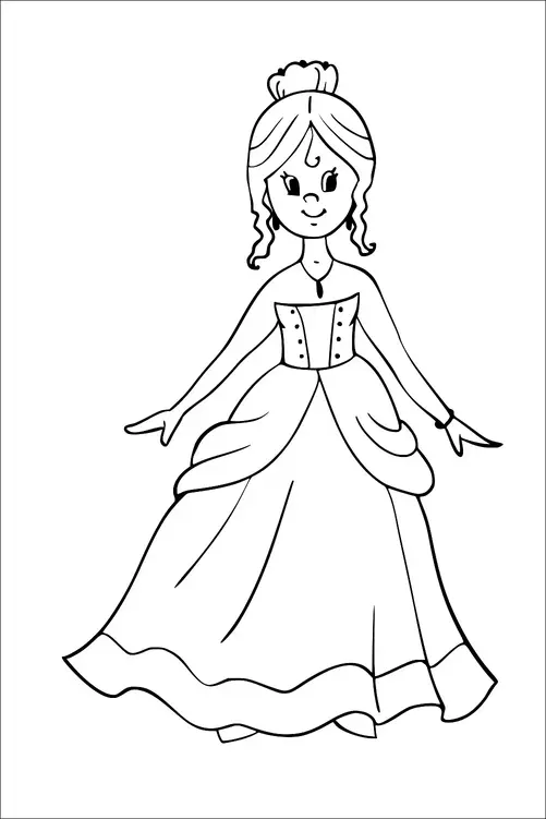 A girl with wavy hair styled into an updo is wearing an elegant gown with a fitted bodice and a flowing skirt. She has a calm expression, with her hands gracefully extended. The dress features decorative elements, such as a small necklace and buttons on the bodice.