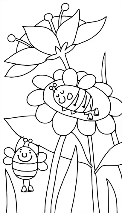 Two cheerful bees are interacting with a large flower. One bee is sleeping on top of the flower, while the other hangs playfully from a leaf. The flower is surrounded by long stems and leaves, creating a lively garden scene. The bees have friendly expressions, adding a playful touch to the image.