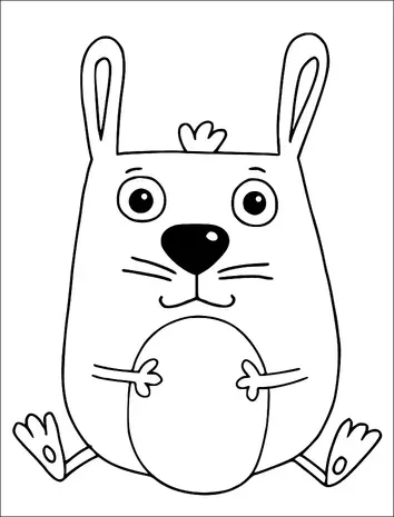 A rabbit-like creature with a plump body sits with its legs spread out, displaying an expression of contentment. It has large, round eyes, a black nose, and a small tuft of hair on top of its head. Its ears are long and upright, and tiny hands rest on its round belly. The creature has distinct whiskers and small feet with visible toes.