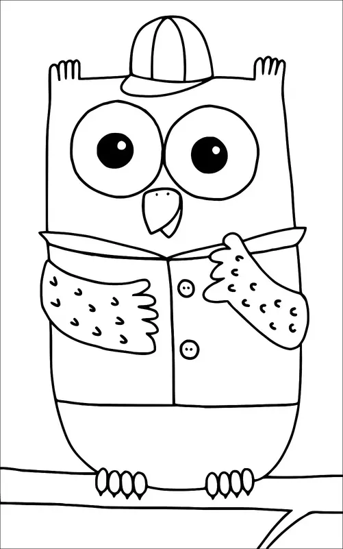 An owl wearing a hat is sitting on a branch, holding a book. Its wings have a pattern of small lines suggesting feathers. The owl has large round eyes and is looking directly forward. Two buttons are visible on its belly area.