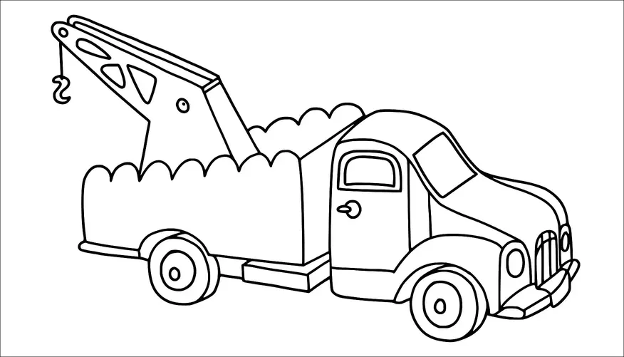 A tow truck is depicted with a prominent hook and crane on its flatbed. The truck's front has a rounded design and visible headlights. The vehicle's door is shown with a window and handle detail. It stands on a pair of large wheels.