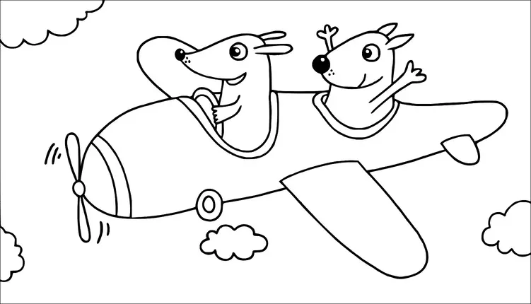 Two cartoon dogs are flying in an airplane, with one dog piloting and the other joyfully raising its paws. The propeller is depicted in motion, and fluffy clouds surround the airplane. Both dogs look happy and are enjoying their adventure. The sky is clear with scattered clouds.