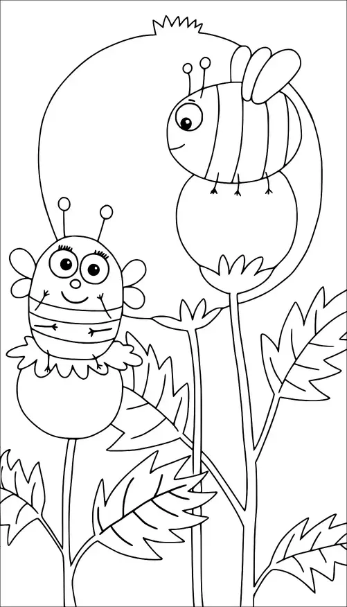 Two smiling cartoon bees are sitting on tall flowers with large leaves. The flowers have round buds, and one bee is perched atop a bud. Both bees have big eyes and antennae. The sun is visible in the background.