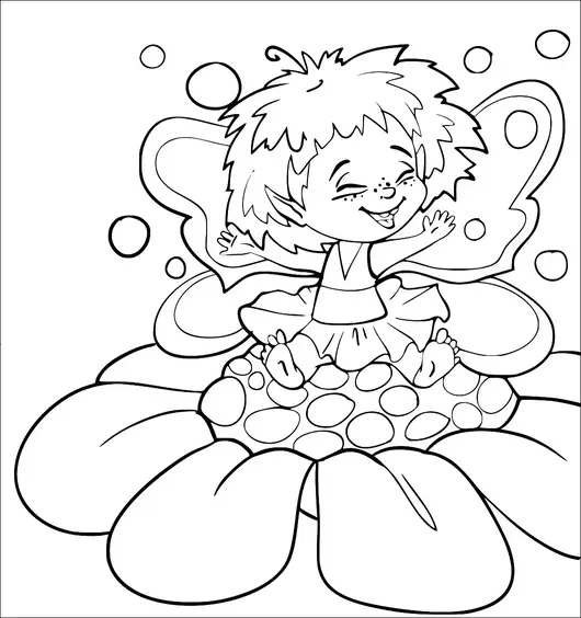 A happy fairy with wings and spiky hair is sitting on a large flower with circular patterns. The fairy is smiling with closed eyes and outstretched arms. Surrounding the fairy and flower are various floating bubbles.