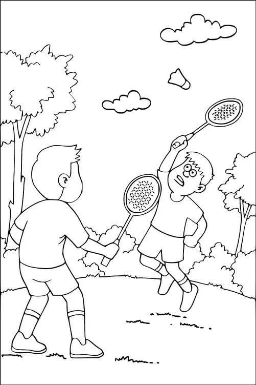 Two children are playing badminton in a park surrounded by trees and clouds. One child is jumping to hit the shuttlecock with a racket. The other child stands ready with their racket. The scene is set on a grassy area.