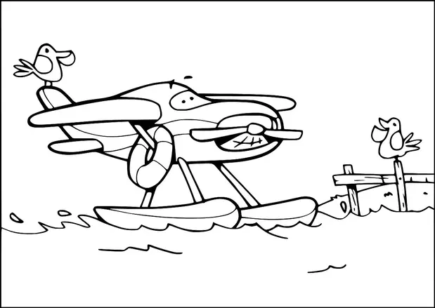 A floatplane with a lifebuoy and large cartoonish eyes appears to be landing on water. Two birds, one sitting on the airplane's wing and the other on a wooden pier, are watching. The pier is slightly damaged, adding a humorous touch to the scene. The setting suggests a playful interaction between the aircraft and the birds.