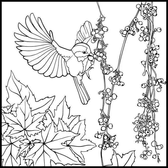 A bird with outstretched wings is perched on a branch covered in clusters of round berries. Surrounding the bird are large, detailed leaves with jagged edges. The scene conveys a natural setting rich in foliage and fruit. The focus is on the interaction between the bird and its environment.