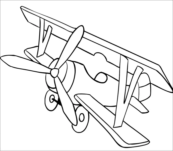 A vintage biplane with a prominent propeller and dual wings is shown from a side angle. The aircraft has a simple design, with a visible cockpit and landing gear. The twin wings are connected by supportive struts. This classic airplane reflects early aviation design.