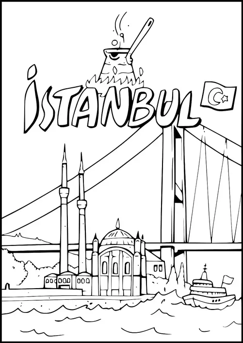 A kettle is depicted above the word "Istanbul" with steam rising. Below is a large bridge and a mosque with two minarets alongside a river or sea. A boat is sailing on the water, and a flag with a crescent and star is visible. The scene represents elements of Istanbul's iconic skyline.