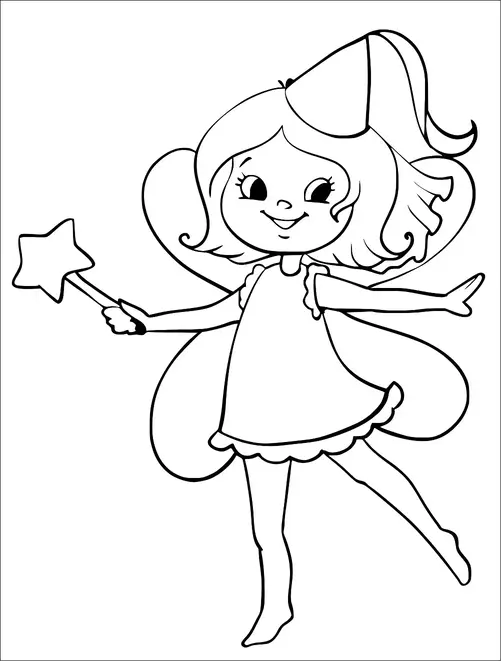 A cheerful fairy with wings is wearing a pointed hat and holding a star-shaped wand. She is depicted in a joyful pose, with one leg raised and arms outstretched. Her hair is short and wavy, adding to her playful appearance. The fairy looks like she's ready to cast a magical spell.