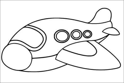 A cartoon-style airplane is shown flying with three circular windows visible on its side. The plane features a rounded cockpit and a propeller at the front. Its wings are wide and curved, suggesting movement. The tail has a vertical stabilizer.