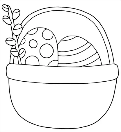 A basket holds two decorated eggs, one with polka dots and the other with stripes. A sprig of pussy willow is tucked alongside the eggs. The basket has a simple handle arching over the eggs.