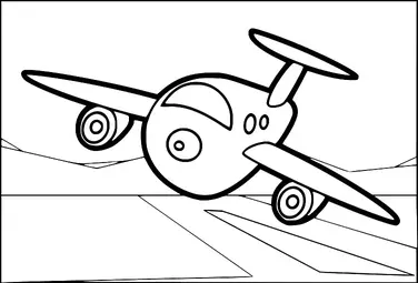 A cartoon-style airplane is shown flying in the sky with a background of clouds. The aircraft has two engines and a distinct nose shape. It’s depicted in mid-air, suggesting motion. The design is simple with a focus on the airplane's structure and features.