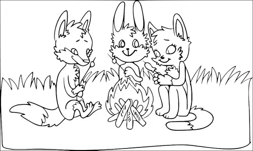 Three anthropomorphic animals, a fox, a rabbit, and a cat, are sitting around a campfire roasting marshmallows. They are in a grassy area and seem to be enjoying their time together. The scene conveys a cozy and friendly outdoor gathering. Each animal is holding a stick with a marshmallow over the flames.