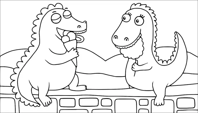 Two cartoon dinosaurs are having a cheerful interaction. One dinosaur holds an ice cream cone while the other looks at it happily. They are standing on a brick surface with rolling hills in the background. Both dinosaurs have expressive faces with large eyes.