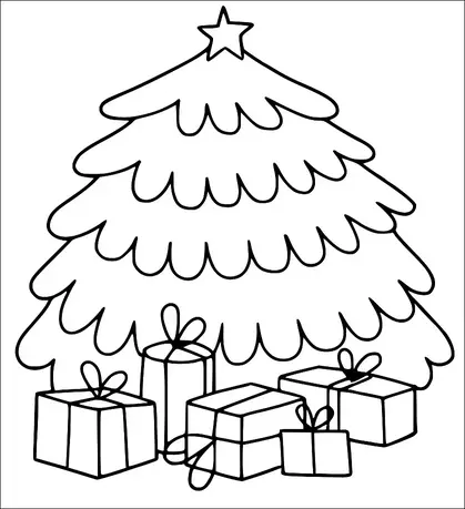 A Christmas tree with a star on top stands with several wrapped gifts beneath it. The gifts are in different shapes and sizes, each adorned with ribbons and bows. The tree branches are layered and symmetrical.