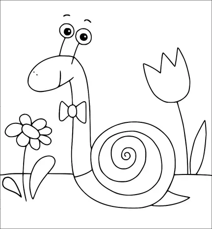 A smiling snail with a spiral shell is wearing a bow tie. It sits on the ground surrounded by two flowers. One flower has rounded petals and the other resembles a tulip. The snail has large, expressive eyes.