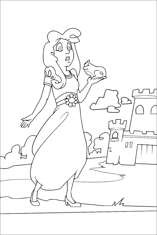 A princess holds a frog in her hand while standing in front of a castle. She appears surprised or startled, and the scene includes fluffy clouds and grass. The setting is likely a fairytale-inspired environment.