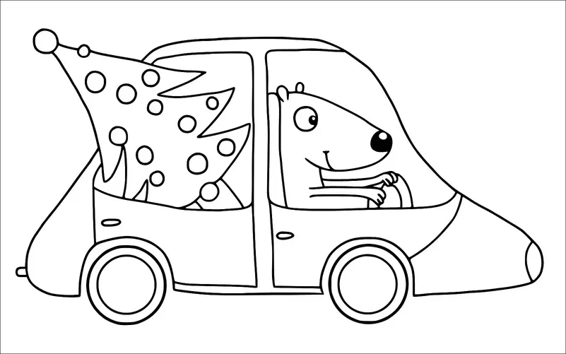 A bear is driving a car with a large Christmas tree sticking out from the trunk. The bear appears content as it holds the steering wheel. The Christmas tree is decorated with large round ornaments. The car has a simple, rounded design.