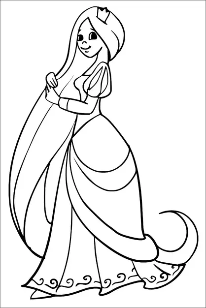 A princess with long, flowing hair stands gracefully, wearing a gown with intricate swirl patterns near the hem. She has a small crown perched on her head. Her expression is cheerful and her posture elegant. The sleeves of her gown are puffed, adding to the regal appearance.