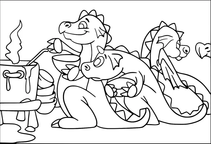 Three friendly dragons are gathered around a steaming cauldron. One dragon is stirring the pot with a spoon while another holds a bowl. The third dragon is sitting beside them, appearing content. Behind them, a small, playful creature peeks out.