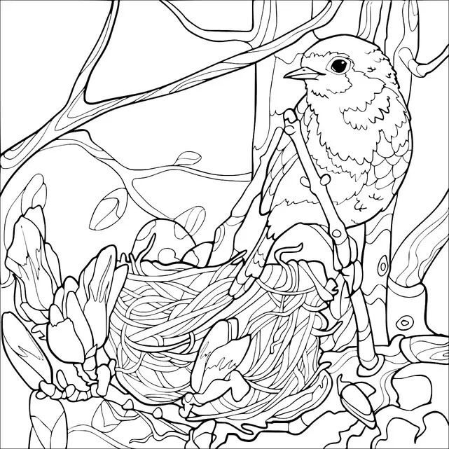 A bird is perched on a branch next to its intricately woven nest. Surrounding the bird and nest are budding flowers and leaves, suggesting a natural habitat. The scene is set among tree branches, creating a tranquil forest environment. The bird's plumage is detailed, highlighting its feathers and posture.