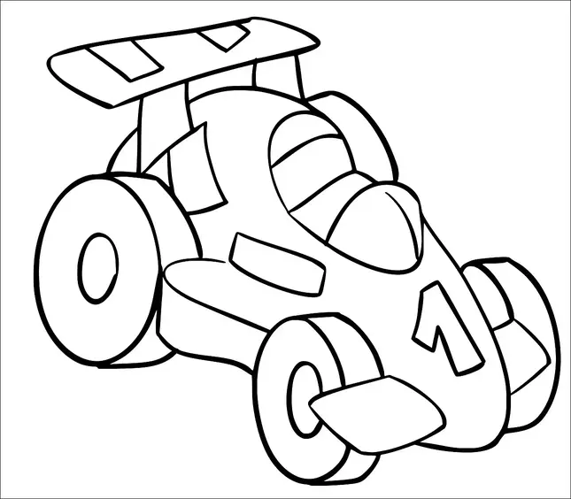 A cartoon-style race car is shown with large wheels and a prominent rear spoiler. The car has a number "1" on the front, indicating it might be the lead vehicle. It features aerodynamic designs with sleek curves and a detailed front wing. The windows are shaded, and the car has a closed cockpit.