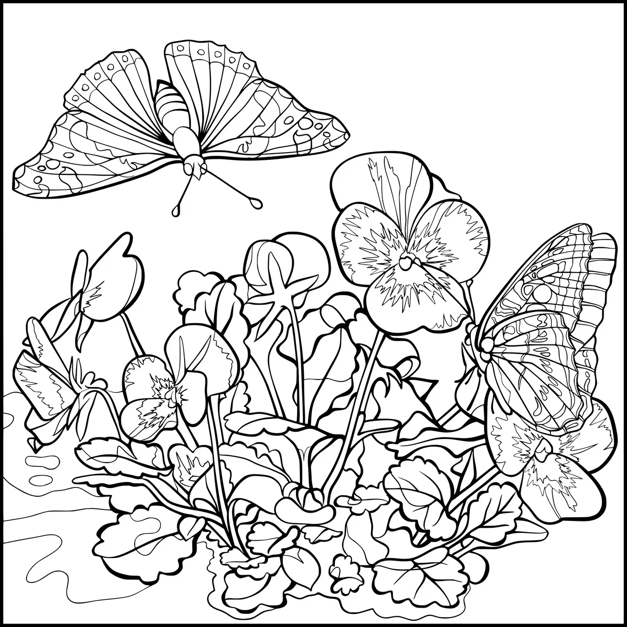 Butterflies hover above a cluster of blooming flowers and lush leaves. The scene captures detailed floral patterns and the delicate wing designs of the butterflies. Two butterflies are prominently visible, each showcasing intricate patterns on their wings. The flowers resemble pansies, with distinct petals and leaf formations.