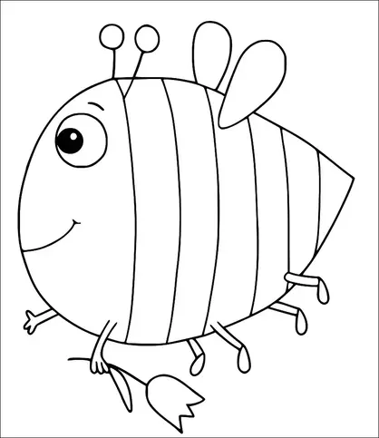 A cheerful bee is carrying a flower while walking upright on its six legs. The bee has large eyes, a smiling mouth, and two antennas on its head. It is characterized by its round body with horizontal stripes and a pair of wings. The bee's appearance conveys a friendly and playful demeanor.