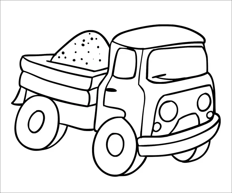 A toy truck is filled with a mound of sand or gravel in its loading bed. The truck has large wheels and a rounded cab design. Its simplistic features include circular headlights and side mirrors. The bed of the truck is slightly tilted, suggesting it might be unloading.