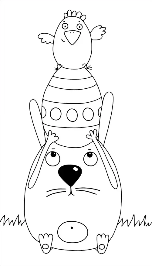 A round dog sits on the ground with its paws up, balancing a large decorated egg on its head. On top of the egg, a cheerful bird stands with open wings. The setting includes simple grassy elements. The image conveys a playful and balanced interaction between the animals.