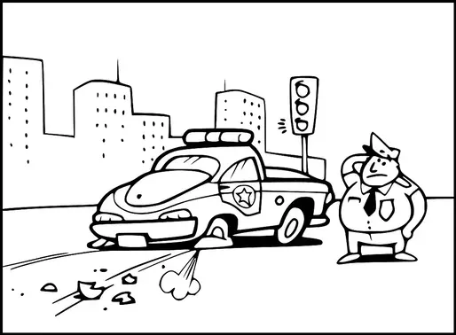 A police car with a flat tire is parked on a city street, surrounded by scattered debris. A perplexed police officer stands nearby, scratching his head. In the background, tall buildings rise against the cityscape. A traffic light is visible, displaying three empty circles.