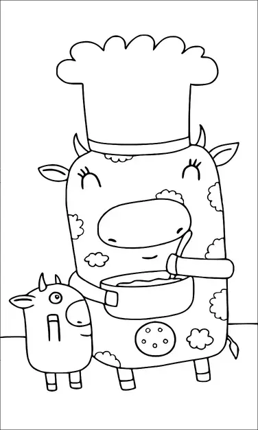 A cow wearing a chef's hat is cooking with a bowl and spoon, and it has spots resembling clouds. Next to it stands a smaller cow looking upwards. Both cows have friendly expressions on their faces. The larger cow has a large cookie-shaped patch on its body.