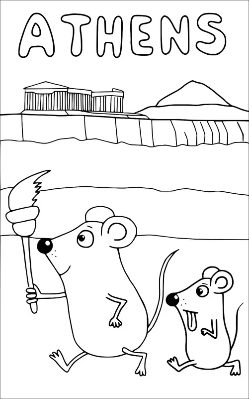 Two cartoon mice are walking, one holding a torch in front of the iconic structures of the Parthenon in Athens. The Acropolis is visible in the background with the caption "ATHENS" at the top. The scene suggests an adventurous theme with a historical context. One mouse appears enthusiastic, while the other follows closely behind.