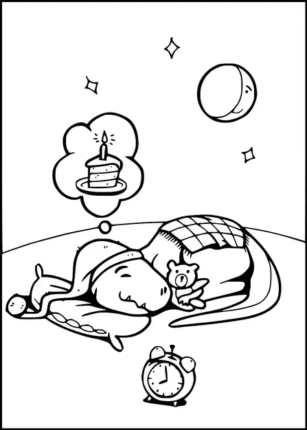 A dinosaur wearing a nightcap is sleeping with a teddy bear and dreaming of a birthday cake. An alarm clock and a small ball are nearby. The moon and stars are visible in the night sky. The dinosaur is covered with a checkered blanket.