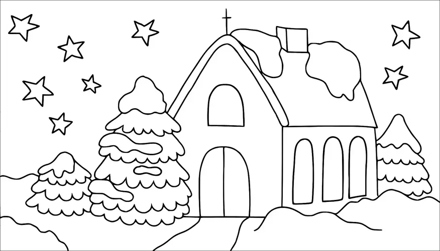 A quaint snow-covered house with a cross on the roof is surrounded by evergreen trees. The sky above is filled with stars. Snow blankets the ground and the trees, creating a serene winter scene. A path leads up to the arched front door of the house.