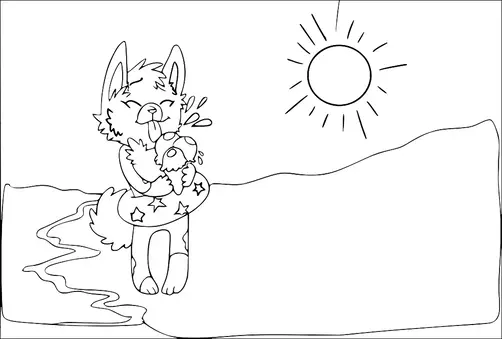 A dog-like creature joyfully licks an ice cream while standing in a swimsuit by the seashore. The character has an inflatable ring around its waist, decorated with stars. The sun shines brightly overhead in a clear sky. There's a winding path or stream leading to the edge of the water.