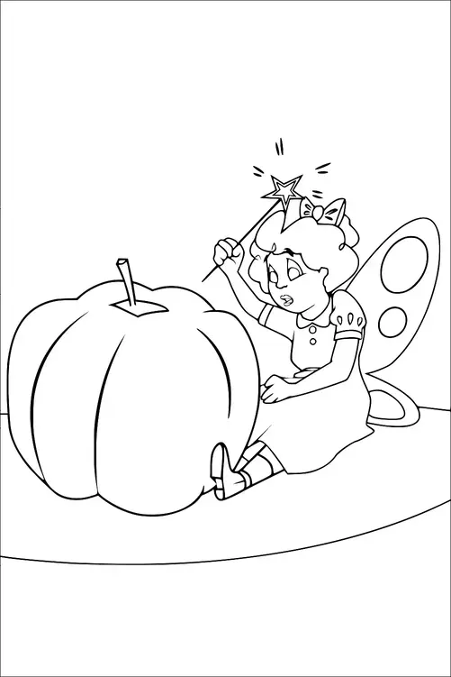 A fairy with wings and a headband featuring cat ears sits on the ground, holding a wand tipped with a star. She is casting a spell on a large pumpkin in front of her. The fairy looks focused as she performs her magic.