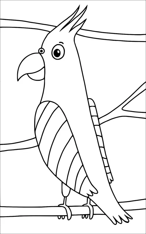 A parrot with a distinctive crest sits on a branch, displaying prominent tail and wing feathers. Its large beak is curved, and it has a curious expression. The background shows a simple tree branch setting. The bird's body has patterned lines on its wings and chest.