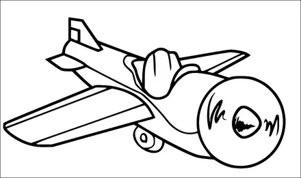 A cartoon airplane is shown in flight, viewed from an angle that highlights its wings and propeller. The airplane has a cylindrical body and visible landing gear. The propeller at the front is large and prominent. The airplane also has a cockpit with a canopy and a tail fin at the rear.