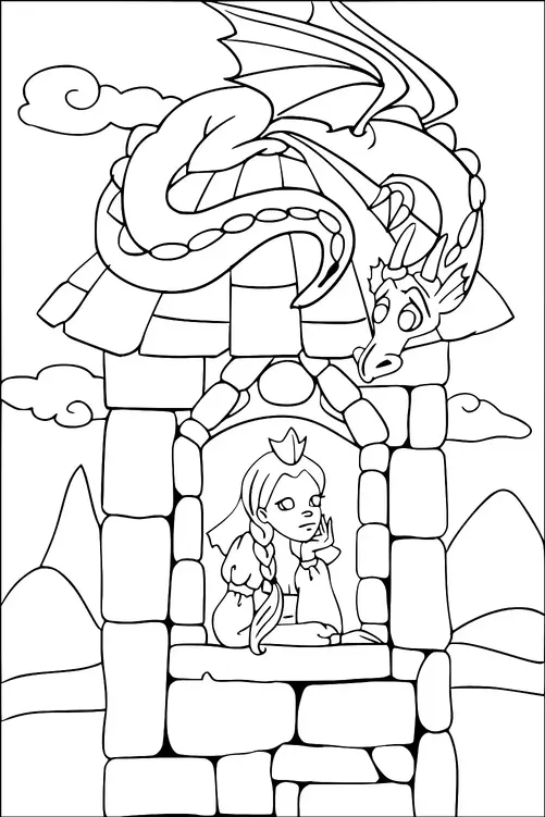 A princess with a crown, braids, and a contemplative expression leans out of a stone tower window. A dragon perches playfully on the tower's roof, looking down at her. The background features rolling hills and clouds. The scene suggests a fairytale setting.