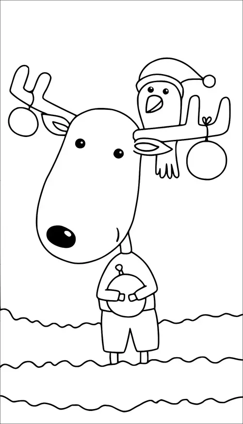 A reindeer is standing with a small bird dressed in a Santa hat perched on its antlers. The reindeer holds a round ornament in its hooves. Antlers have two hanging decorations. The background consists of wavy lines.