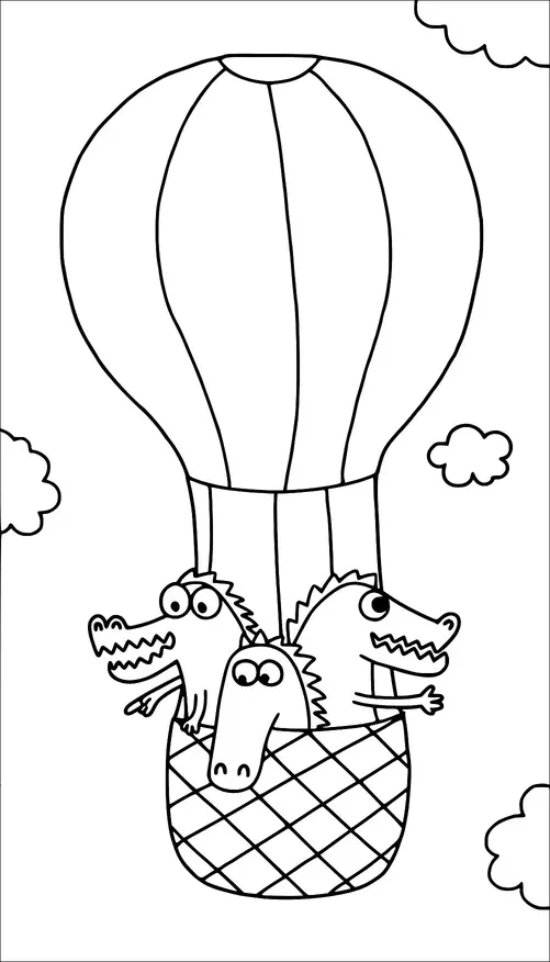 Three cartoon alligators are riding in the basket of a hot air balloon. The balloon is flying in the sky, surrounded by small clouds. Each alligator has big eyes and is peeking over the edge of the basket. The scene conveys a fun and adventurous atmosphere.