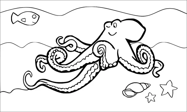 An octopus with looping tentacles swims in the water alongside a small fish. Below them, a shell and two starfish rest on the ocean floor. The background features gently waving water lines. The octopus appears to have a smiling expression.