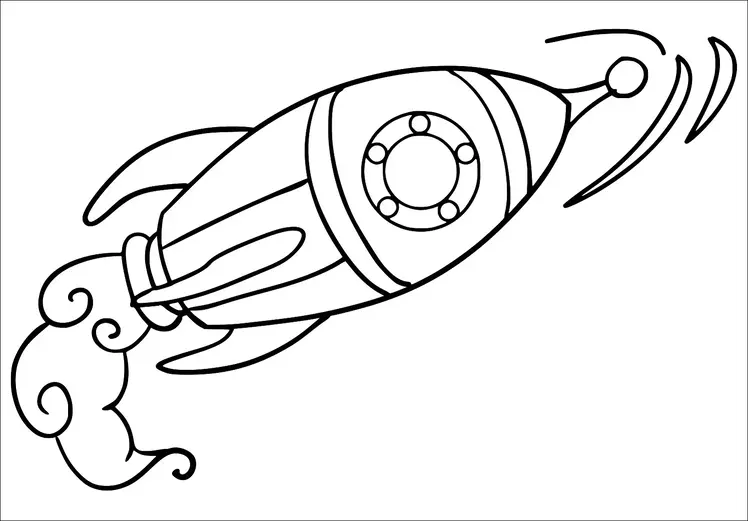 A rocket ship is depicted flying through space with swirling smoke trailing behind it. The ship has a rounded body and a circular window or porthole on its side. Curved lines suggest movement and speed. The design is simple, emphasizing the rocket's streamlined shape.