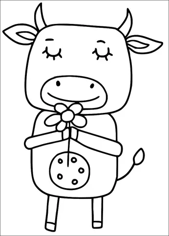 A cow with a gentle expression holds a flower in its hooves. Its eyes are closed, and there are decorative patterns on its round belly. The cow stands on two legs with small hooves and displays a small tail. Its ears and horns are prominently shown.